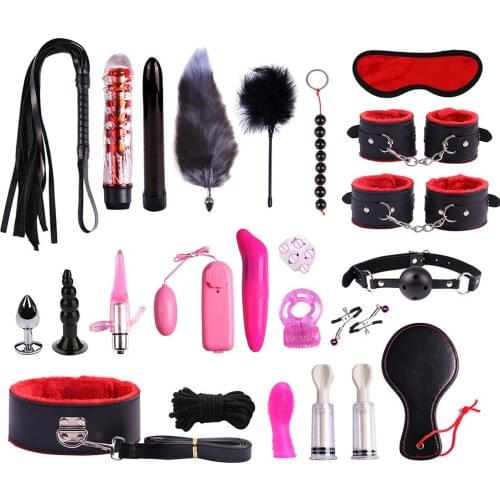 Leather 23pcs Adult Bondage Suit Bdsm Training Equipment Exotic Couple Sex Toys Strapping Rope, Handcuffs, Anal Plug, Vibrator