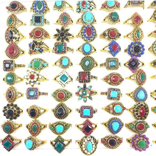 MixMax 25pcs Womens Rings Gold Plated Bohemian Style Hand Inlay Colorful Retro Mix and Match Simple Ladies Jewelry Wholesale