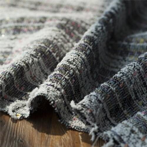 Couture fashion check and striped tweed fabric, shiny metallic lines, sewing for jacket, coat, dress, suits, craft by the yard