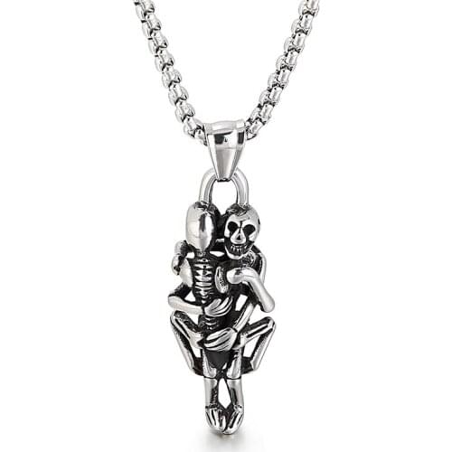 Mens Womens Stainless Steel Vintage Hugging Skull Skeleton Pendant Love Gothic Necklace Rolo Chain 3mm 24 inch