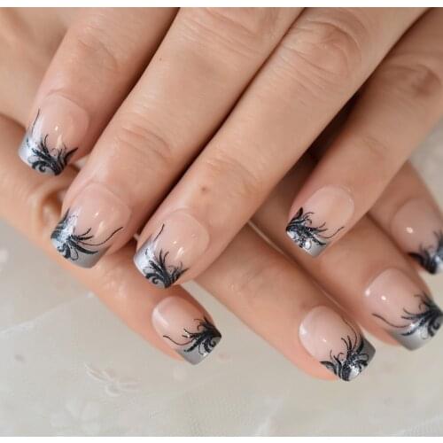 Plastic False Nail Tips Square Artificial Short French Fake Nails With Black Clear Flower Pattern Decoration Design