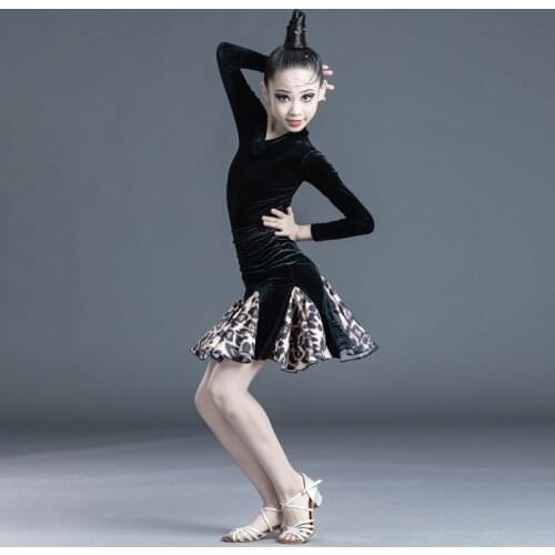 New Children Latin Dance Dress 2021 New Spring Autumn Long Sleeve Leopard Print Patchwork Practice Performance Costumes