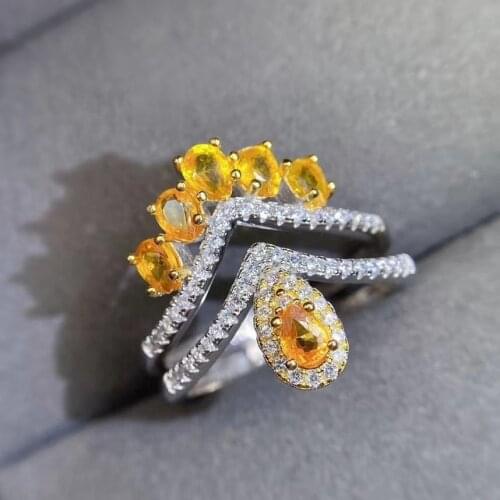Luxurious crown water drop Natural yellow sapphire gem Ring S925 Silver Natural Gemstone Ring Womens office gift Rings Jewelry