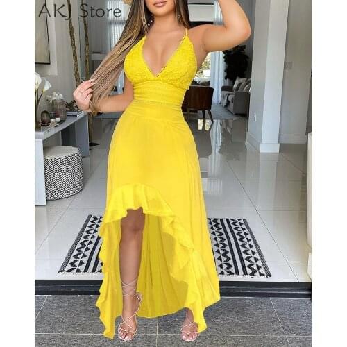 Sexy Summer Ruffles Crochet Lace Dip Hem Dress