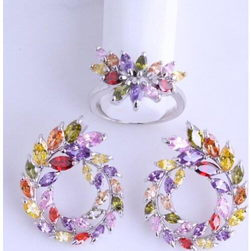 Love Monologue Colorful Imitation Garnet/Peridot/Crystal Silver Color Ring & Stud Earring Jewelry Set for Women JS022