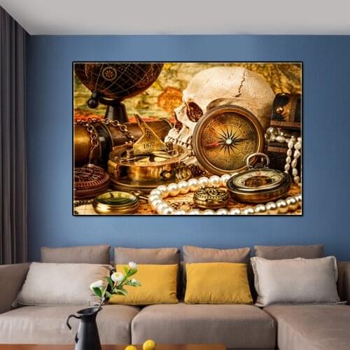 Modern art painting Room Decoration Poster Canvas Painting Golden skull compass pearl Art living room decoration wall pictures