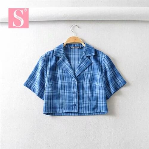 STVY 2020 Summer Streetwear Blue Tartan Blouse Fashion Sexy Short Style Women Short Sleeve Shirts Blusas