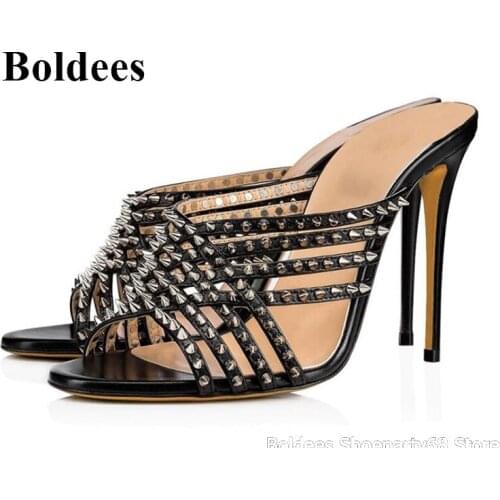 Sexy Silvery Rivet Embellished Hollow Mouth Slides Studded Slip On Open Toe High Heel Sandals Stiletto Mules Shoes