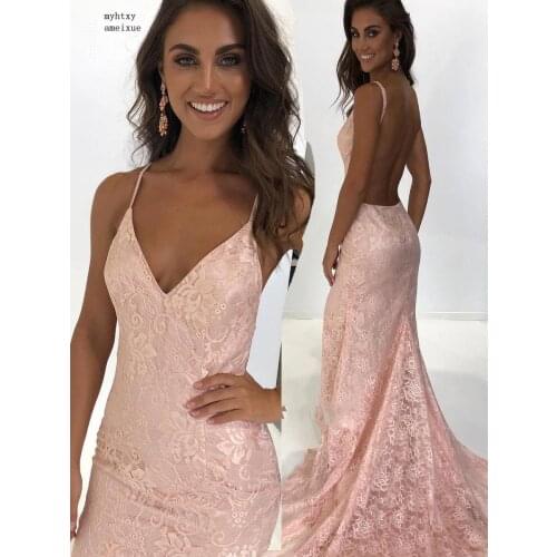 Vestidos De Gala Largos Elegantes Cheap Lace Mermaid Prom Dresses 2020 Sexy V-neck Backless Evening Party Gowns Gala Jurken