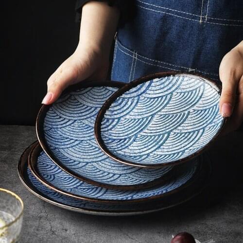 Guopin Japanese Traditional Sea Ripple Design Blue Color Single Ceramic Tableware Sushi Round Plate Rice Big Noodle Bowl