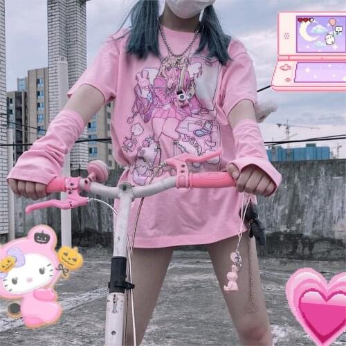 Japanese anime hip-hop Harajuku punk cartoon loose kawaii oversize women clothing Vintage tops sweet tees funny female T-shirt