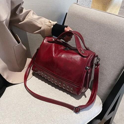 Women Handbag Fashion Retro Rivet Versatile One Shoulder Messenger Boston Bag