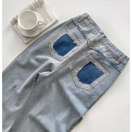Autumn 2021 Woman Jeans High Waist Patchwork Pocket Fashion Trousers New Thin High Waist And Wide Leg Denim Pants Women Clothes