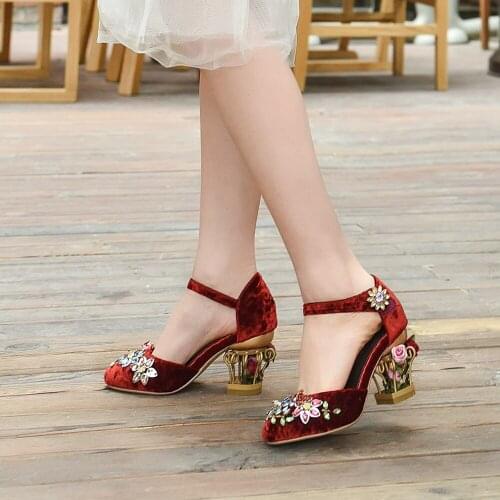 Fashion Spring Ladies Pumps Women Vintage Shoes High Heel Summer Sandals For Girls Chunky Heels Mary Janes Shoes Wine/Black/Blue