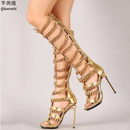 Qianruiti Summer Gold Silver Knee High Boots Women Chain Sandals Cut Outs Zip Heels Long Gladiator Sandal Boots Big size 43