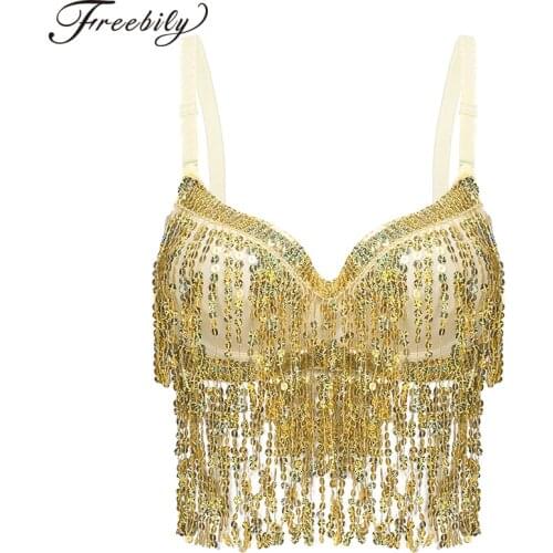 Women Adult Sequins Padded Bra Tassel Fringed Latin Jazz Belly Dance Tops Clubwear Party Festival Rave Stage Performance Costume