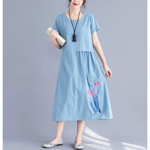 Women Cotton Linen Casual Dress New Arrival 2021 Summer Vintage Style O-neck Print Loose Female A-line Long Dresses S3706