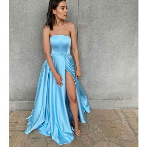 Retro Strapless Long Sky Blue Prom Dresses with Pockets A-Line Criss Cross Back Side Slit Abendkleider Robes de Soirée for Women