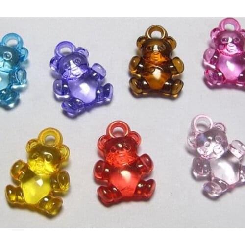 100 Mixed Colour Transparent Acrylic Bear Charm Pendants 20X15mm
