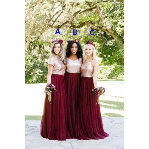 2018 Custom Make Long Junior Maid of Honor Wedding Party gown Guest Cheap Two Tone Rose Gold Burgundy Country Bridesmaid Dresse