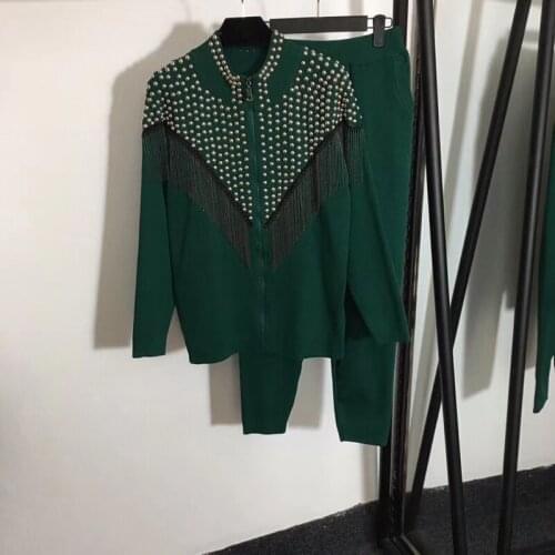 2021 New Tassels 10.8 Rivet Beading Decoration Zipper Knitted Cardigan Coat + Elastic Waist Casual Pants Women Fashion Set