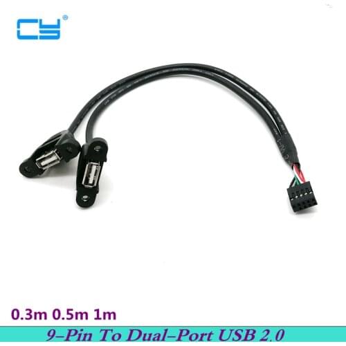 9-Pin Pitch 2.54mm To Dual-Port USB 2.0 A Internal Thread Lock Panel Mounting Cable 0.3m 0.5m 1m