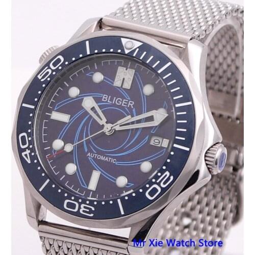 Bliger 41mm Blue Dial Automatic Mechanical Mens Watch Sapphire Crystal Luminous Waterproof Calendar Wristwatch Men