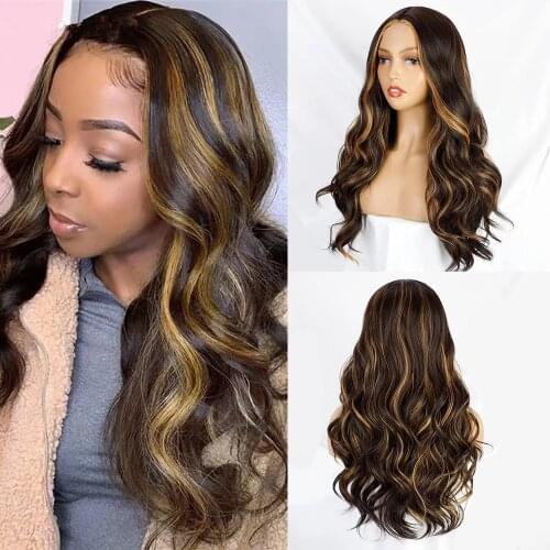 FGY Waves and Long Waves Womens Natural Curly Wigs Mid-Synthetic Wigs Gold Black Womens Glueless Wigs Daily Use 26 Inches