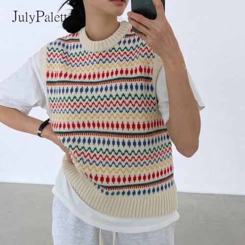JulyPalette Casual Korean O-neck Knitted Waistcoat 2021 Fall Winter Women Sleeveless Sweater Vest Preppy Style 90s Pullovers