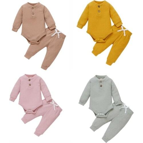 0-24m Baby Girls Two-Piece Clothes Set Solid Color Round Collar Romper And Elastic Waist Pants Outfits For Girls