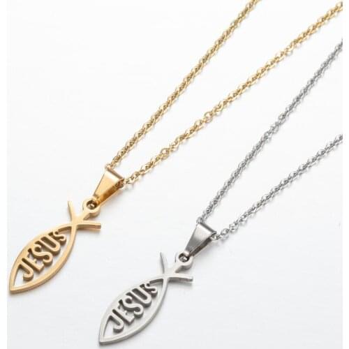 Jesus Cross Pendants & Necklaces Women Men Stainless Steel Religious Jewelry Simple Fish Shape Necklace Gold Christian Collier