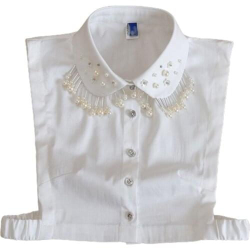 L5YA Imitation Pearl Pendant Tassel Lapel False Collar for Women Girls Rhinestone Floral Beading Half Shirt Jewelry Dickey
