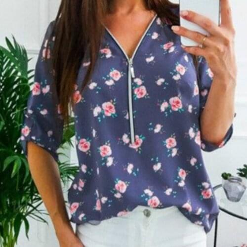 Summer Floral Blouses Women 2021 Fashion Zipper V-Neck Long Sleeve Printed Slim Shirts Casual Tops Mujer Blusas Plus Size 5XL