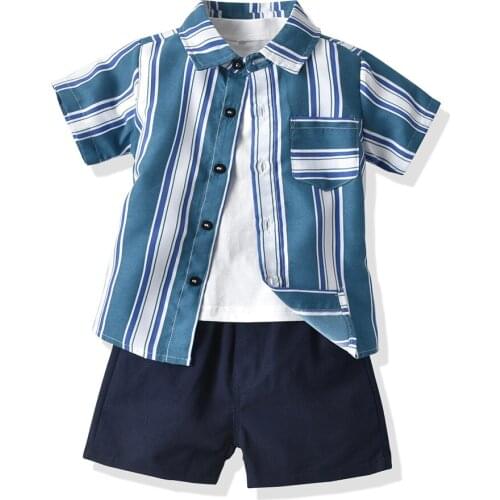 Summer Boy Clothes Infant Toddler Childrens Beach Suits Cotton Solid T-shirt + Striped Shirt + Shorts 3 PCS Hawaii Kid Clothing