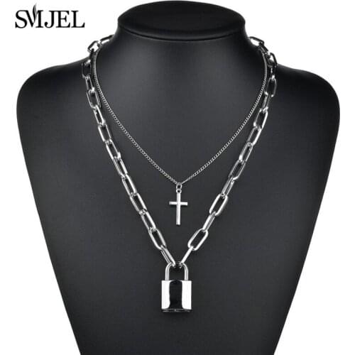 Multilayers Punk Big Chain Cross Necklace Couple Fashion Hip Hop Geometric Metal Lock Pendant Necklaces Women Men Lock Necklace