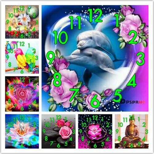 Dpsprue With Clock Full Drill 5D Diy Square Round Diamond Painting Cross Stitch Flower pattern Mosaic 3d Embroidery Gift A183686