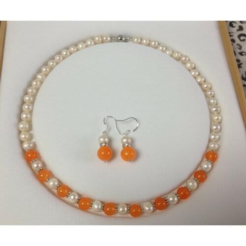 Charming!Genuine White Akoya Cultured Pearl/black Orange Jade necklace earrings set