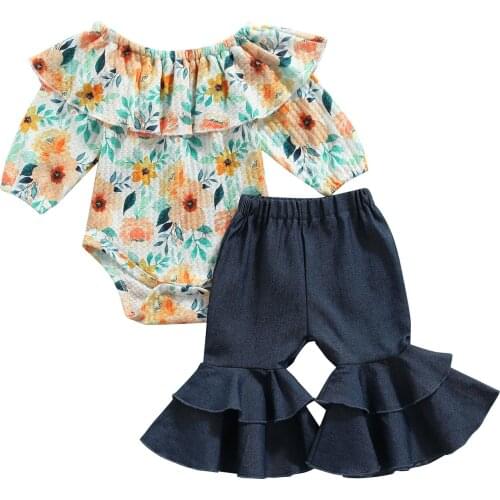 2021 Fall Toddler Girl Ruffle Floral Printed Romper Top Flare Denim Trousers Outfit Baby Clothing Sets