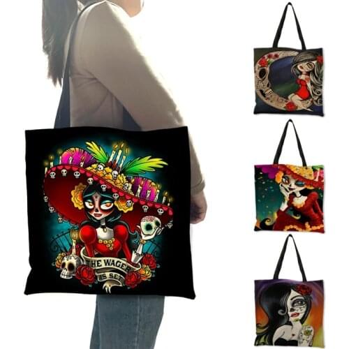 Personalized Skull Princess Women Tote Bags With Skeleton Print Reusable Shopping Bags Skull Girl Handbags Traveling School Tote