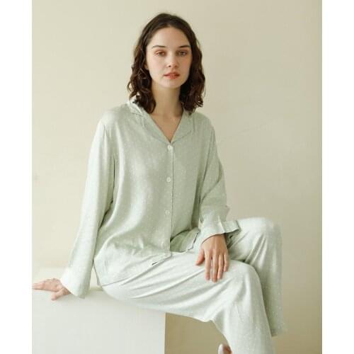 Soft Viscose Womens Long Sleeve Turn-down Collar Pajama Sets Long Pants White Dot Light Green Loose Sleepwear Spring Autumn