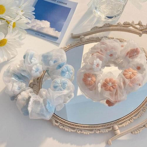 Sweet Embroidery Flowers Women Elastic Hair Rubber Bands Mesh Scrunchies Girls Hair Accessories Romantic Hair Rope Hair Ties