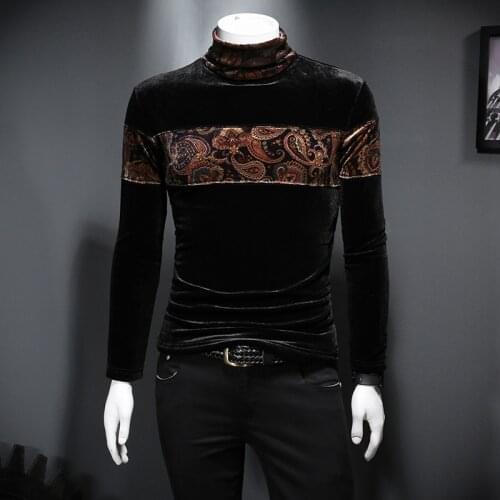 Luxury Velvet Sweatshirt Men Velvet Thickened Turtleneck Sweatshirt Splicing Paisley Club Outfits Letter Sweatshirt Men Clothing