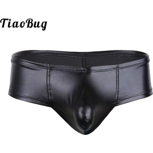 Sexy Men Faux Leather Underwear Low Waist Front Bulge Pouch Bikini Briefs Gay Swimwear Male Swimming Underpants