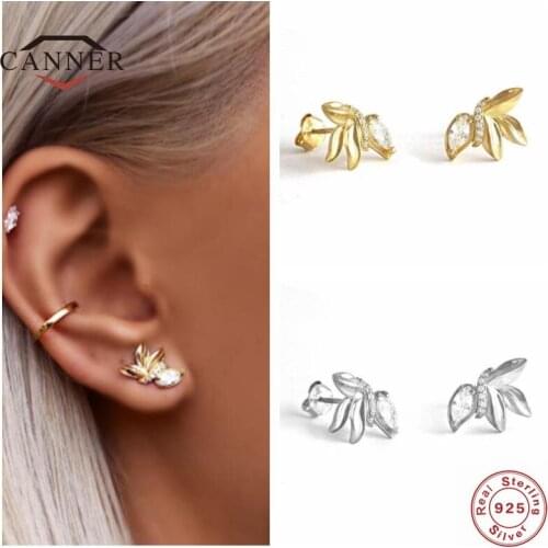 CANNER 100% Real 925 Sterling Silver Stud Earrings For Women Fashion Mini Olive Leaf Zircon Piercing Earring Jewelry Pendientes