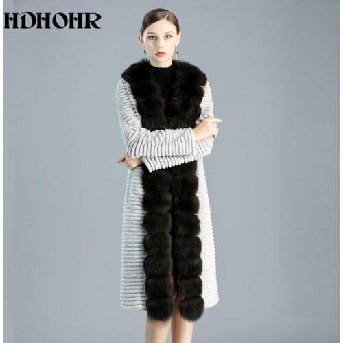 HDHOHR 2020 Real Rabbit Fur Coat For Women Natural Kintted Fox Fur Coats Winter Warm Long High Quality Fur Jackets Two Colors