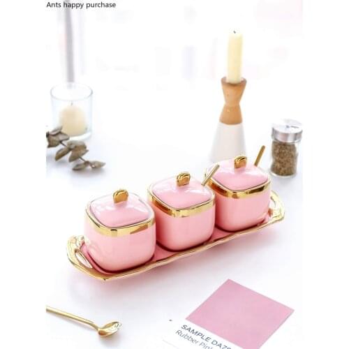 Nordic Light Pink Golden Rim Ceramics Sugar Bowl Salt Shaker Seasoning Tank Castor Seasoning Bowl Three-piece Suit Ceramic Jar