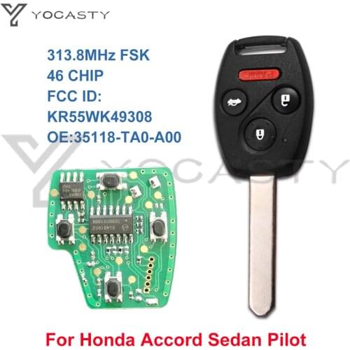 YOCASTY 313.8MHZ 4btn Remote Car Key fob For Honda Accord Sedan Pilot 2008 2009 2010 2011 2015 with 46 CHIP KR55WK49308 No Mark