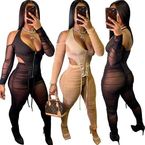 Womens clothing new spot off-the-shoulder mesh pleated sexy two-piece suit