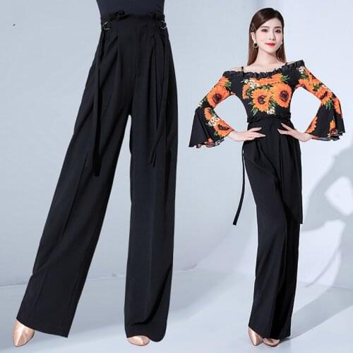 2021 Modern Dance Pants Women Summer White Black High-Waisted Latin Dance Pants Robe Danse Latin Performance Costumes DQS7742