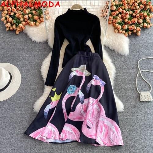 ALPHALMODA 2021 Knitted Tshirt + Goose Printed Skirt Women Fashion 2pcs Suit Slim Sweater Top A-line Skirt Set